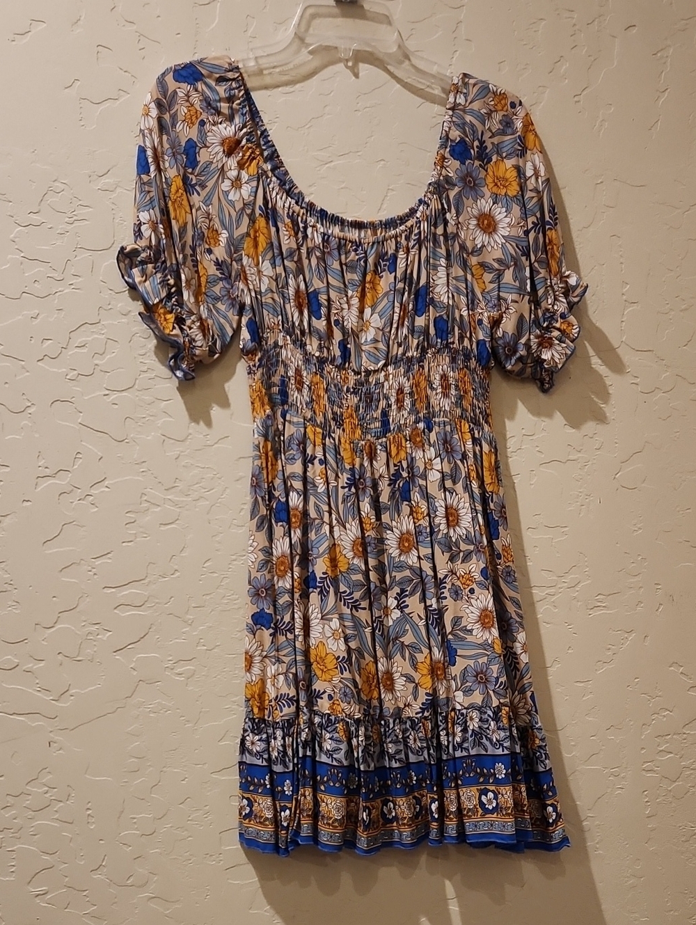 Blue & Yellow Floral Smocked Waist Women's Dress
